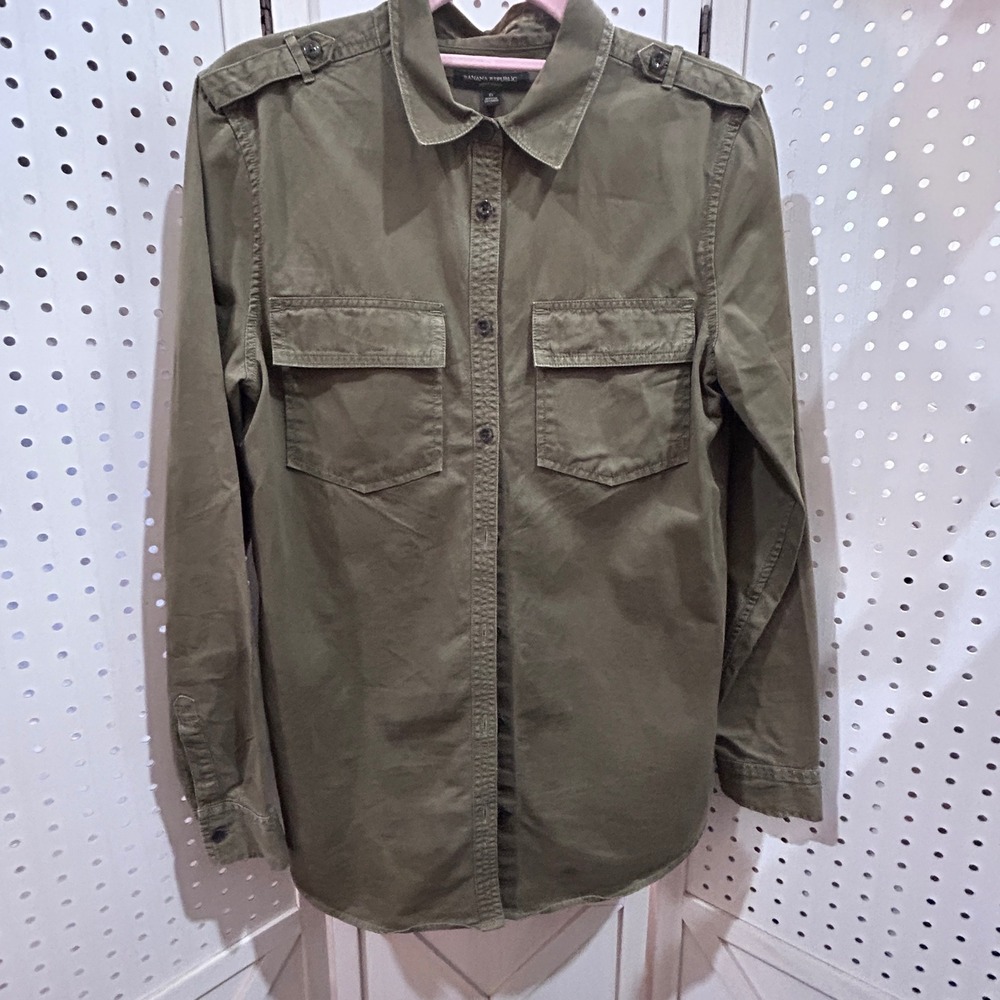 Banana Republic Mens Utility Shirt Olive Green Long Sleeve Button Down Size S
